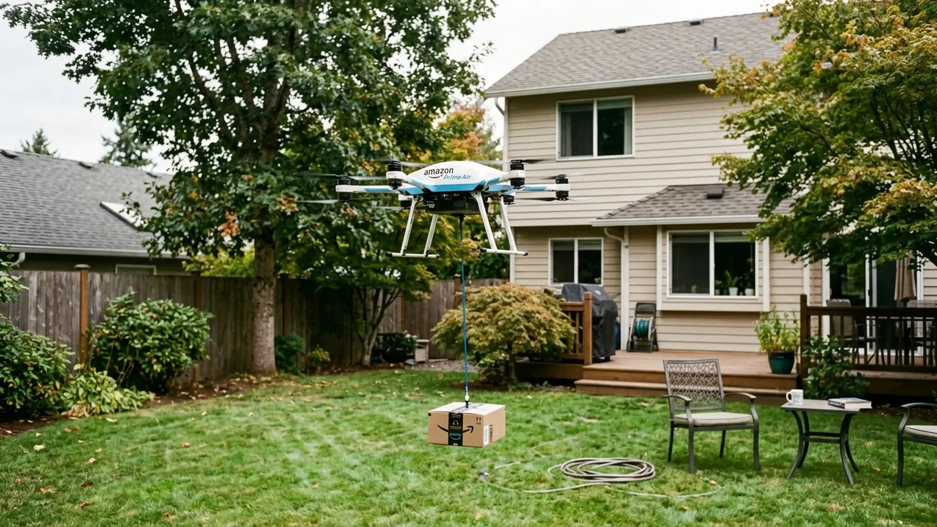 Amazon Prime Air delivery drone lowering a package onto a suburban lawn