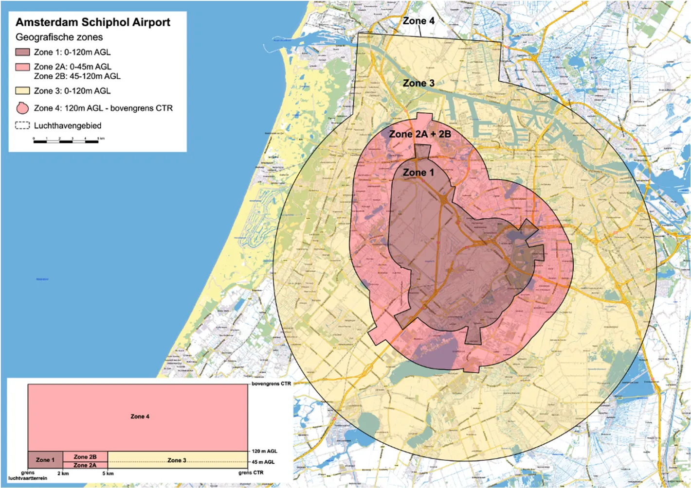 Map of the new zoning around Amsterdam Schiphol with zones 1, 2A, 2B, 3 and 4