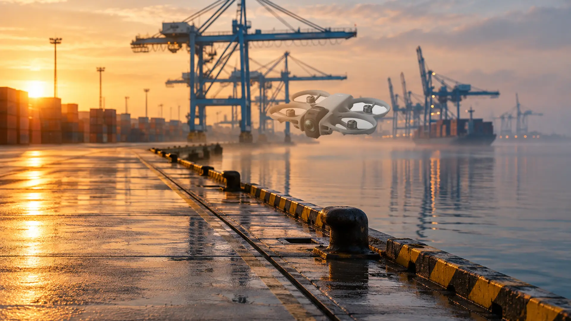 DJI Avata 360 FPV drone hovering over an industrial harbour in low evening light