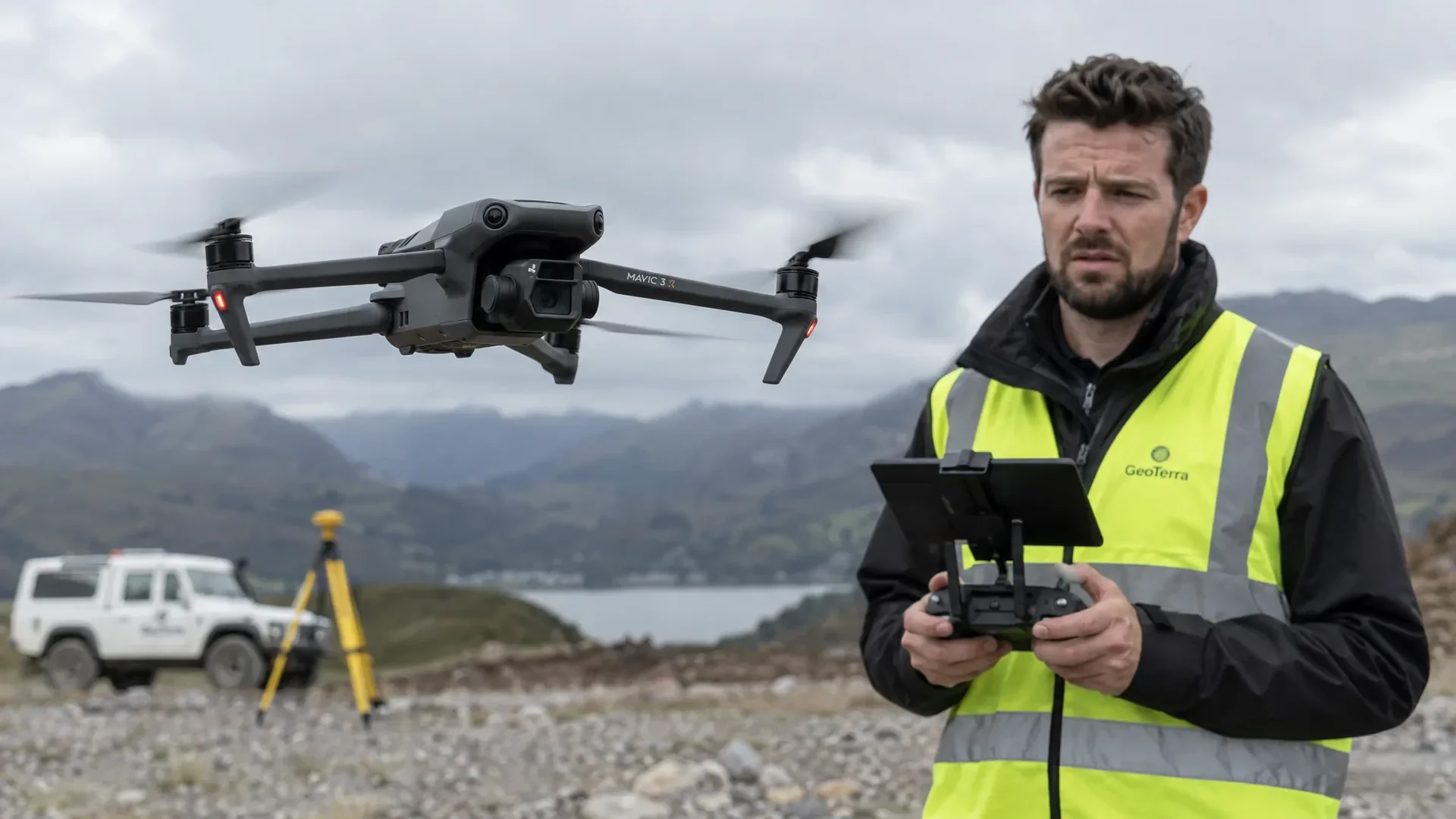 Drone operator holding a remote controller while a professional drone hovers low over a test site
