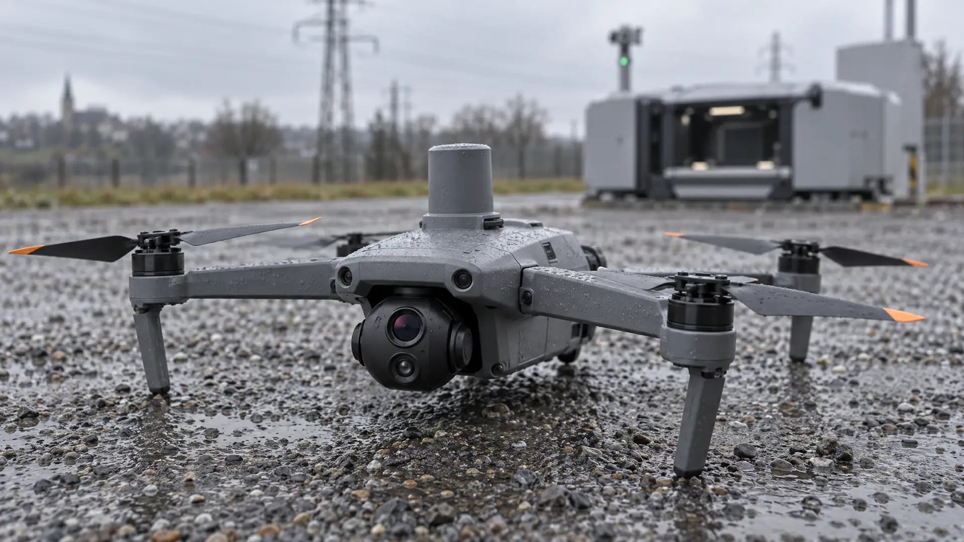 Enterprise drone with a multi-sensor gimbal beside a closed docking station under power lines on wet asphalt