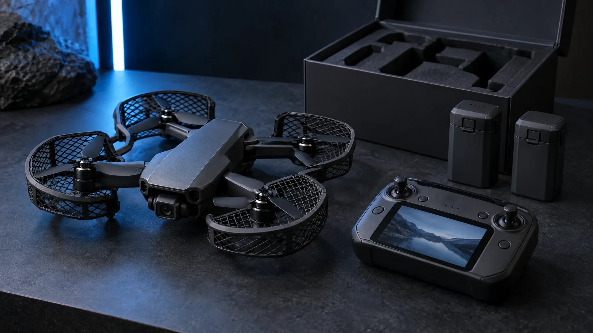 Compact foldable camera drone with propeller guards hovering above an open palm beside a phone showing a vertical video frame