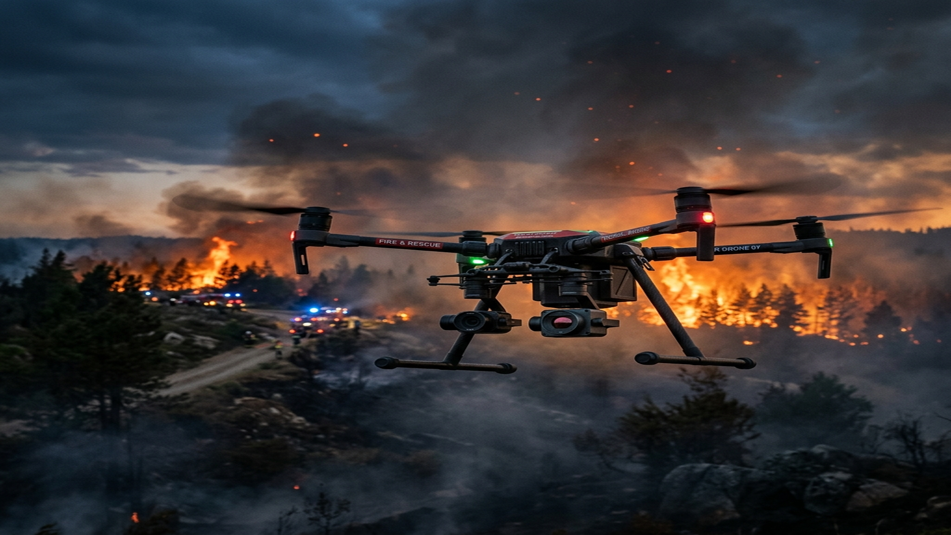 Professional drone operating near European wildfire