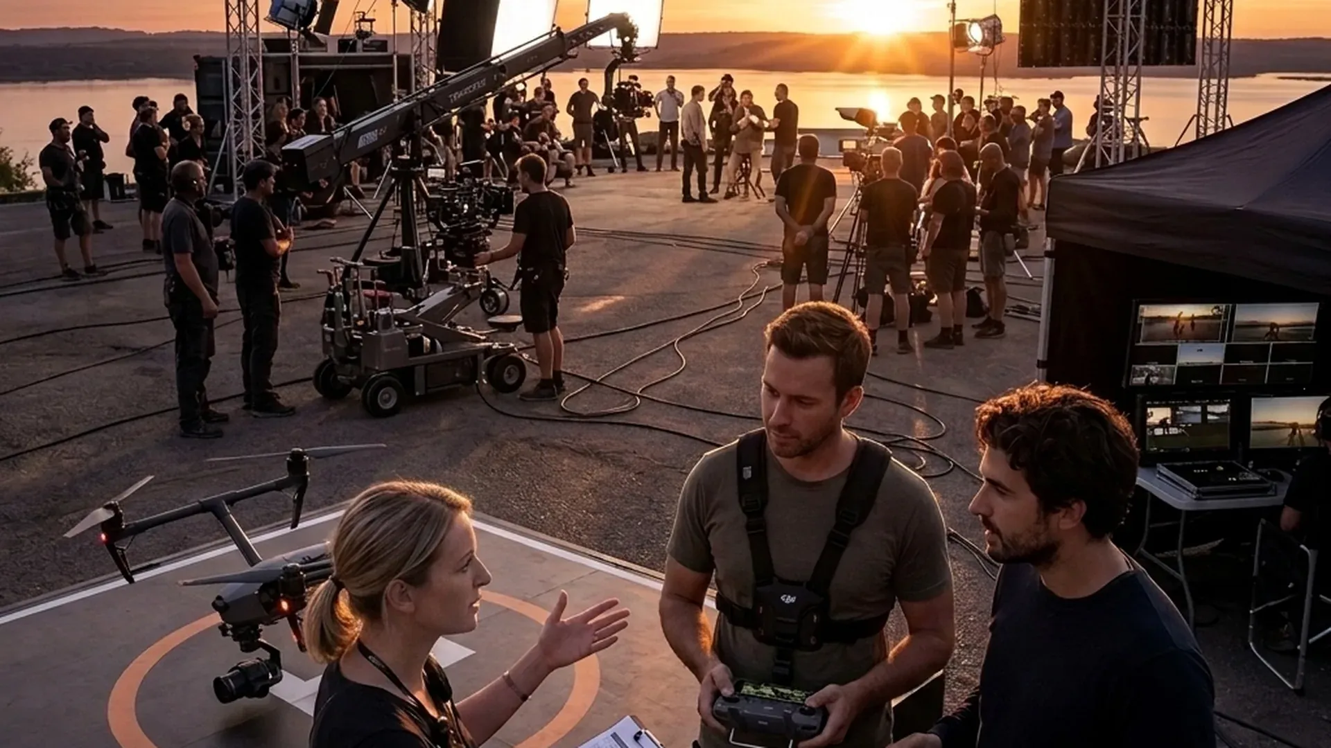 1st AD and drone operators on the film set