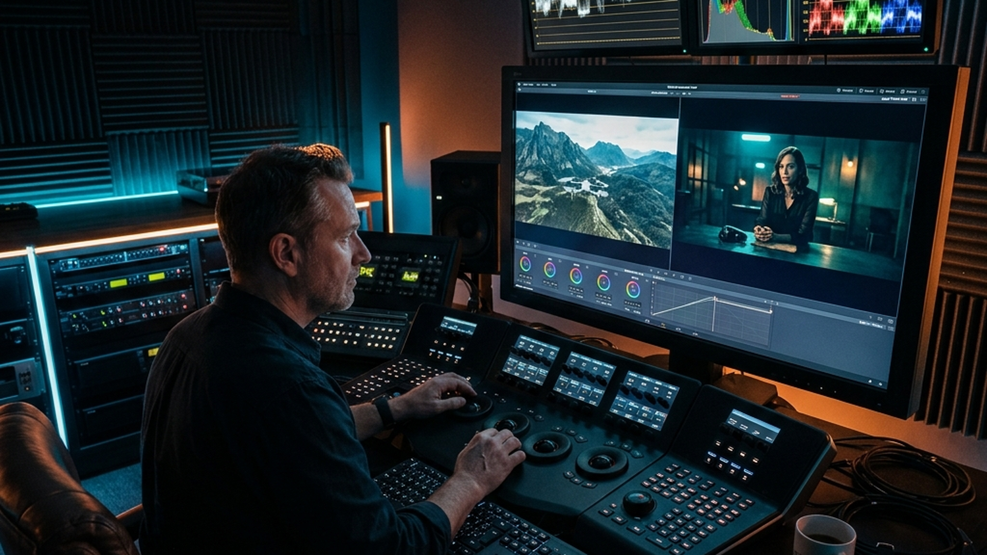 Color grading suite showing drone footage and ARRI Alexa color matching