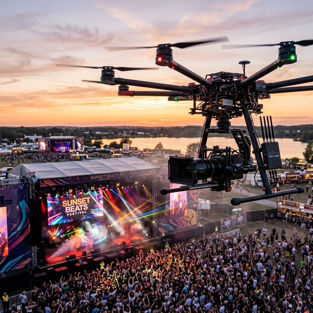 Live broadcast drone flying over a festival stage at sunset