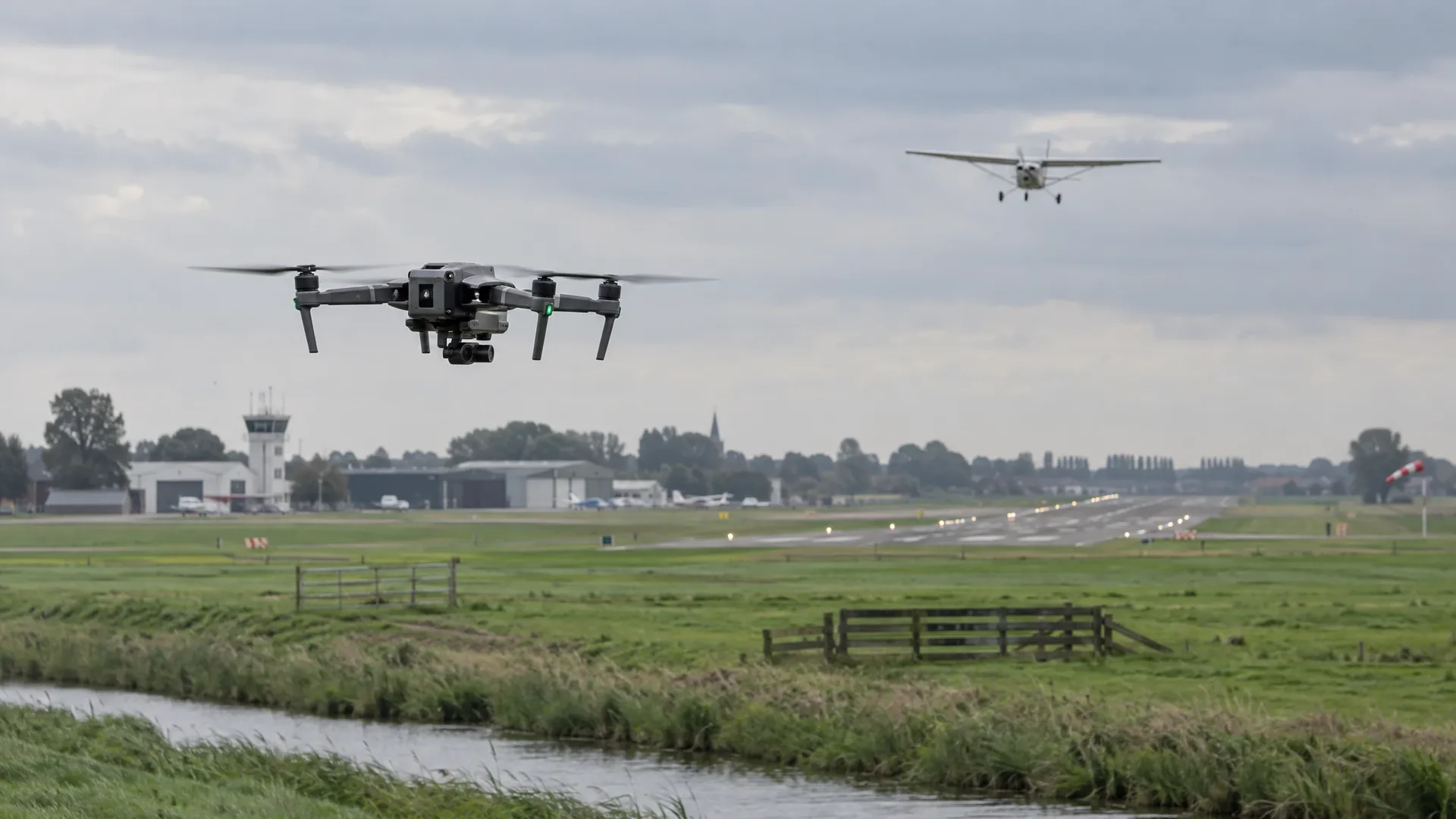 Inspection drone flying low over Dutch polder landscape near a regional airport
