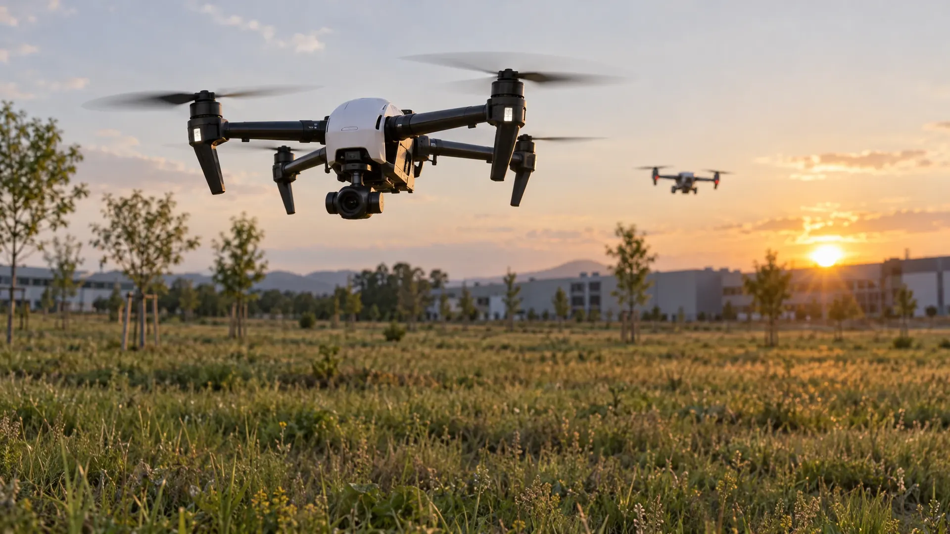 A quadcopter flying between trees while a soft green line marks its planned route and a second drone approaches from the left