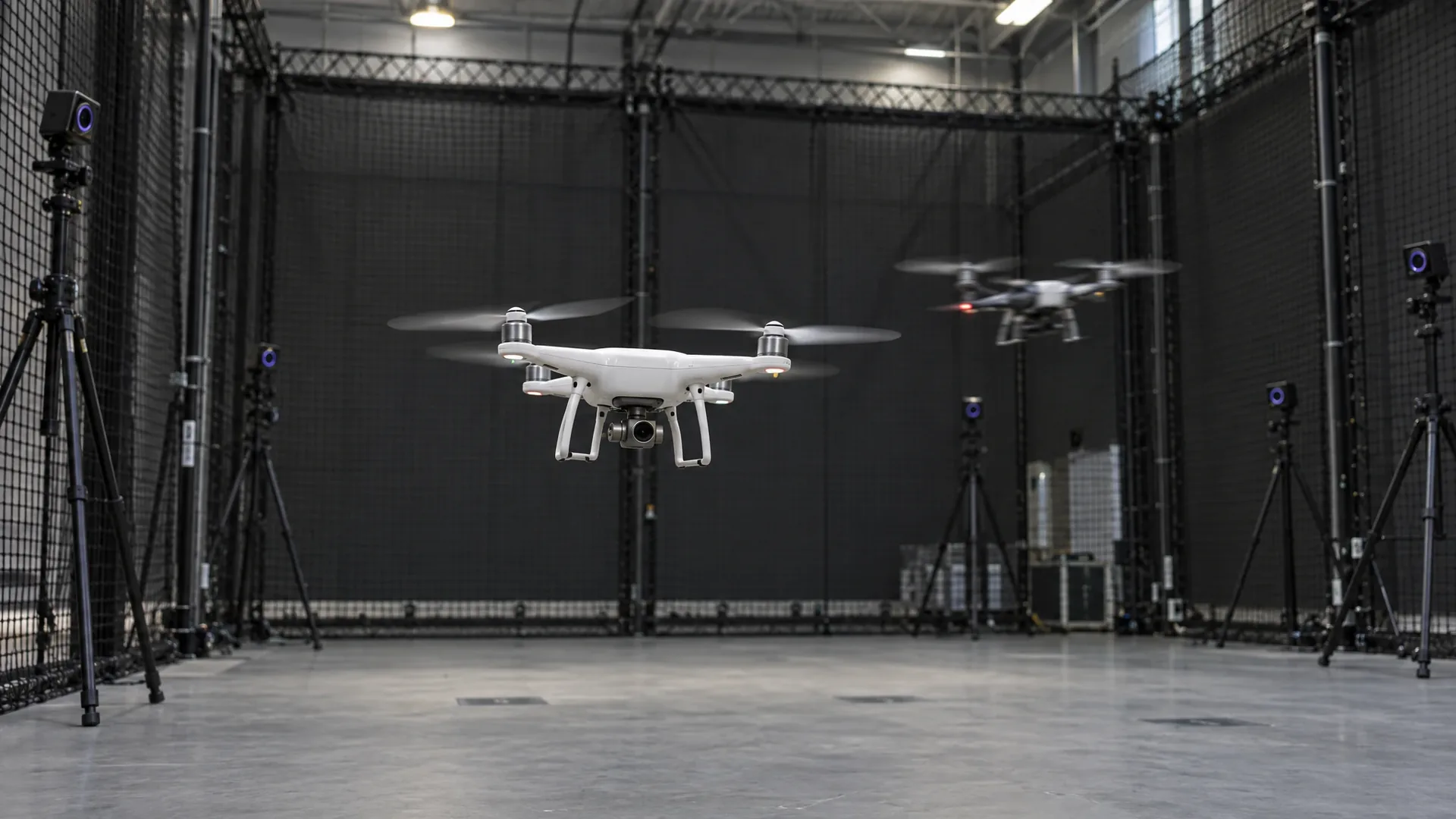 Two quadcopters in a test hall with safety netting, while a thin beam of light traces the safety corridor along the floor