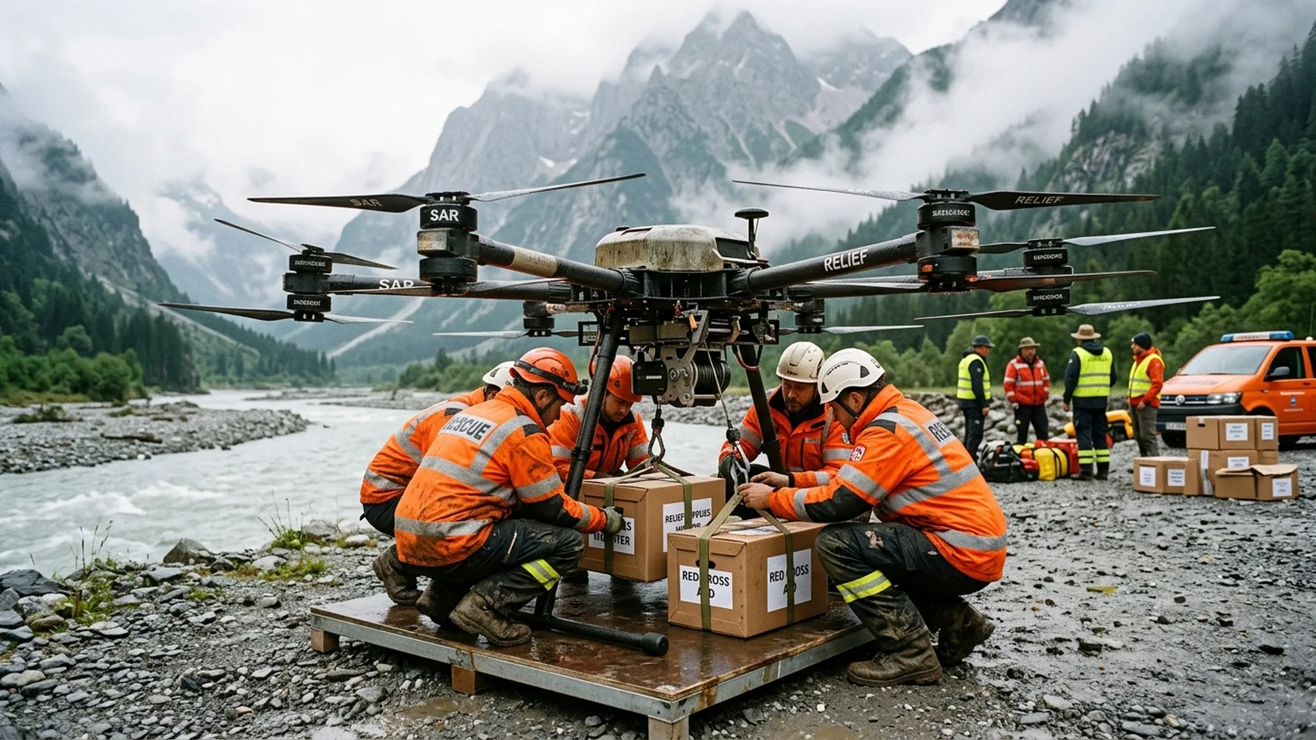Heavy-lift industrial cargo drone operating in mountain disaster relief area
