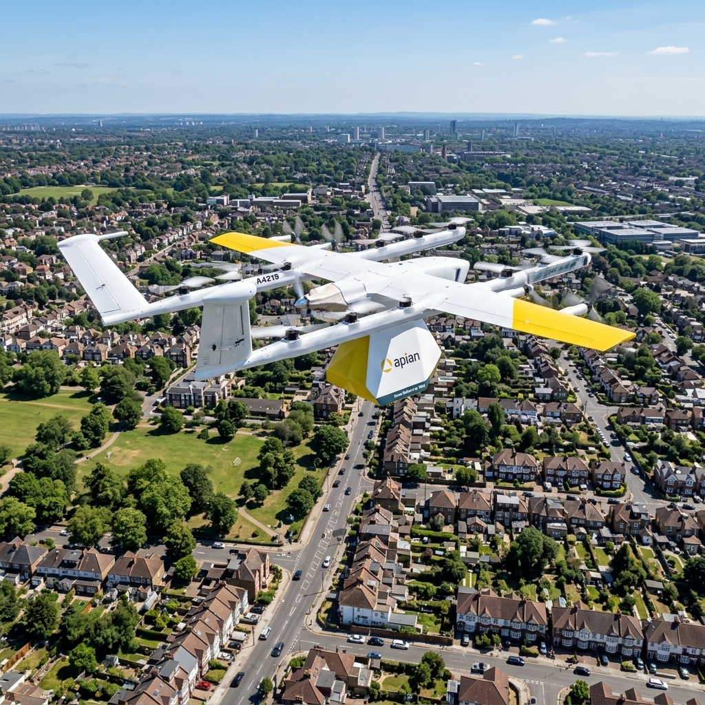 NHS medical delivery drone by Apian and Wing in flight