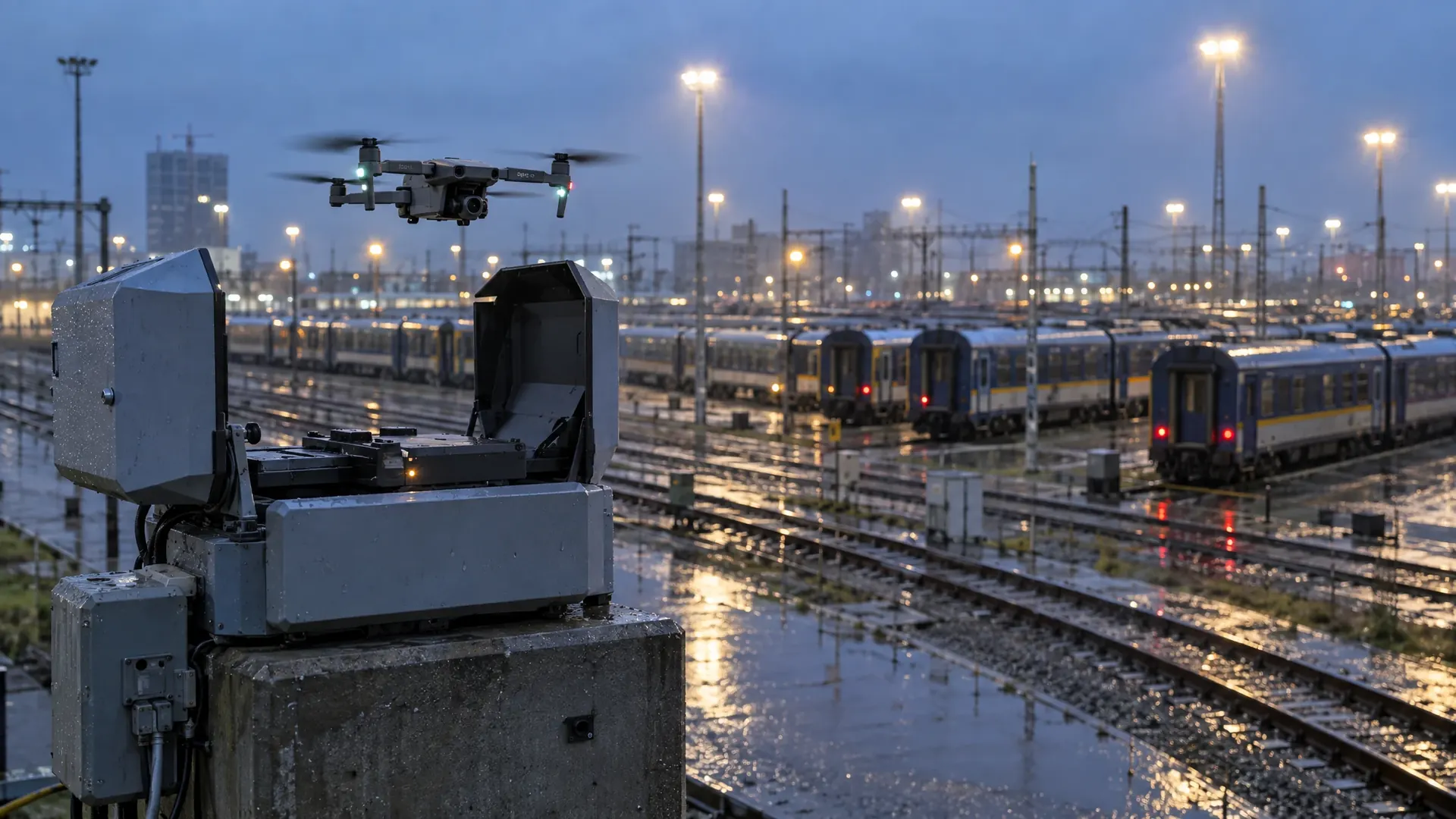 Drone lifting off from a docking station at a railway depot with parked trains at dusk in the rain