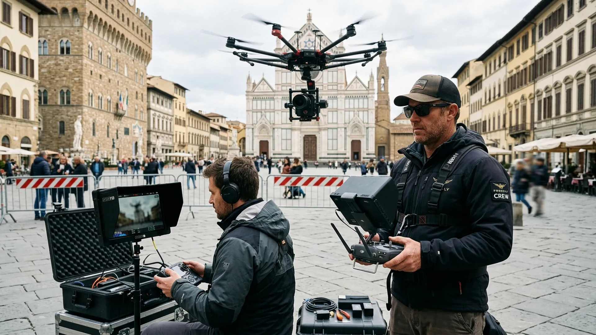 Professional drone crew conducting aerial camera flight in European urban area adhering to GDPR privacy rules