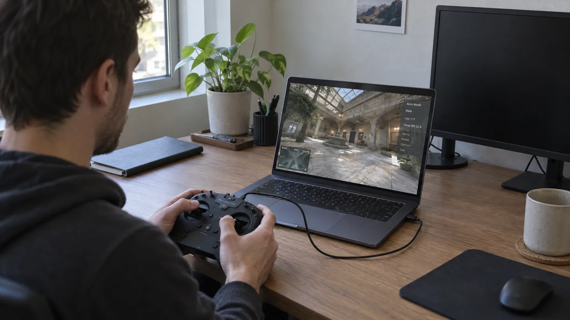 Person at a desk flying a browser-based FPV simulator on a laptop, with a black handheld FPV radio connected over USB