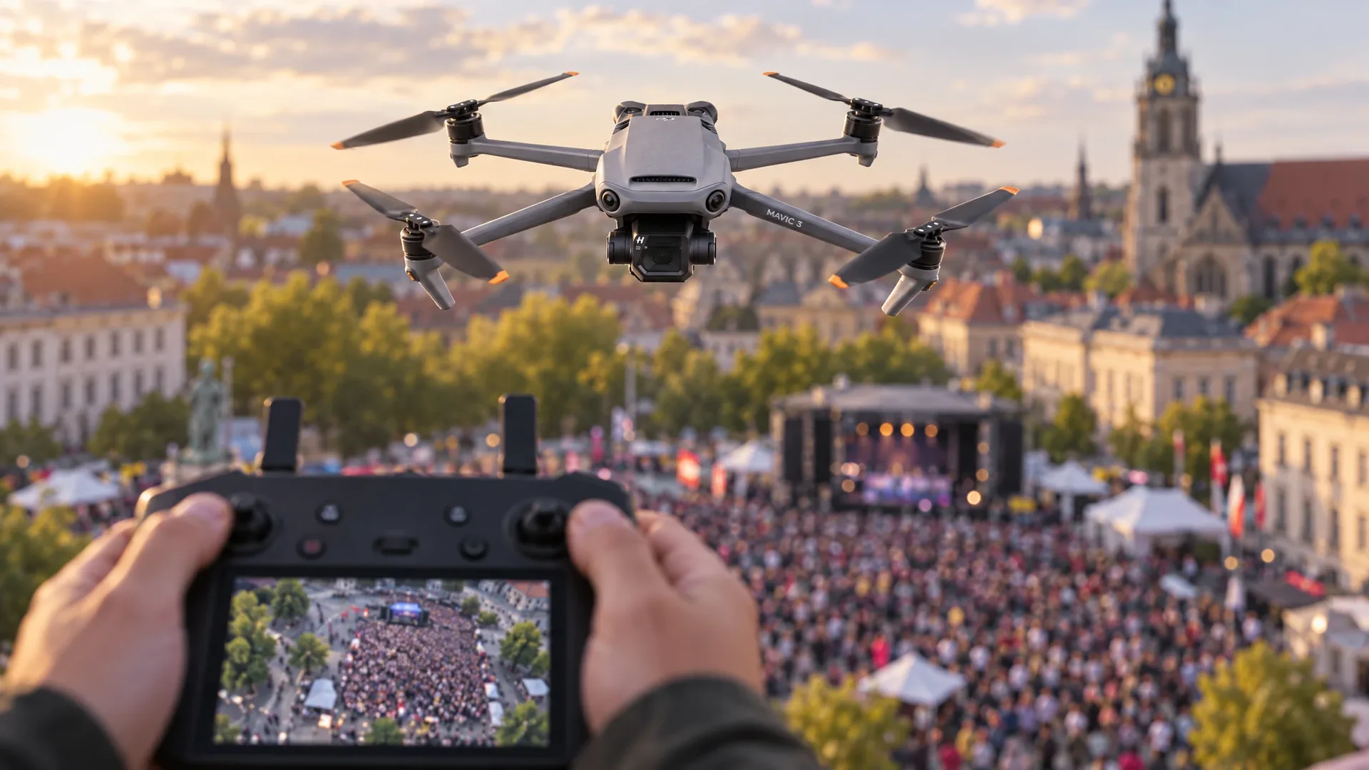 Drone operator reviewing an aerial photo of a dense crowd on a large controller screen