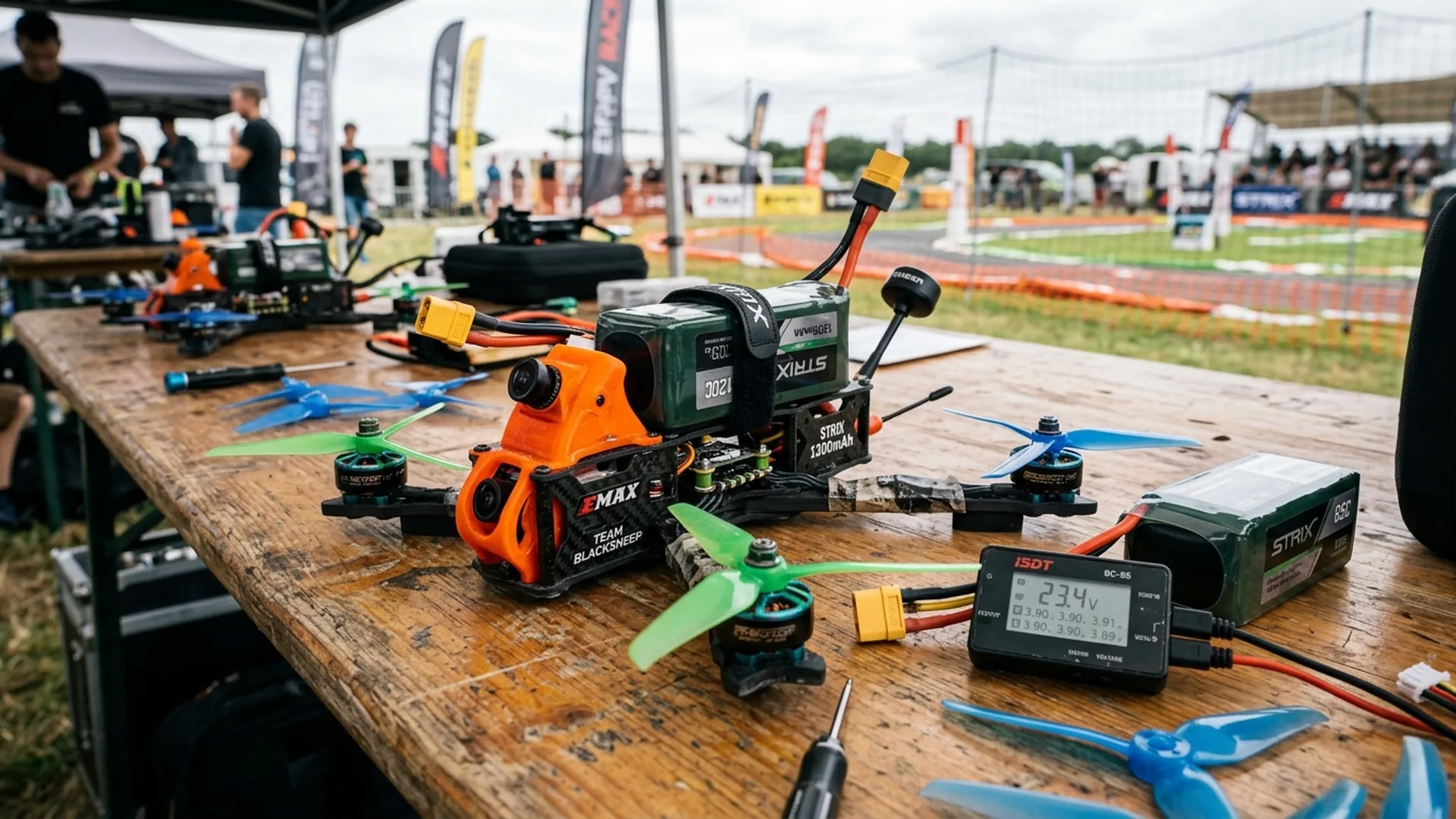 High speed FPV racing quadcopter on pit bench with LiPo batteries and telemetry equipment