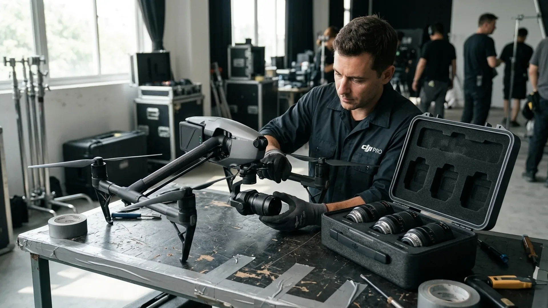 Working with interchangeable lenses on cinema drones on a film set